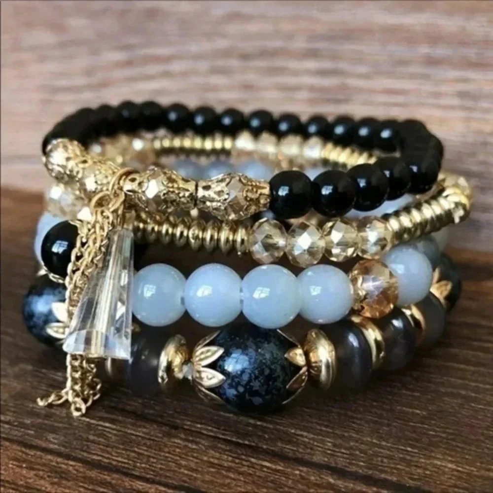 Black Gold Gray Tassel Beaded Bracelets NWT